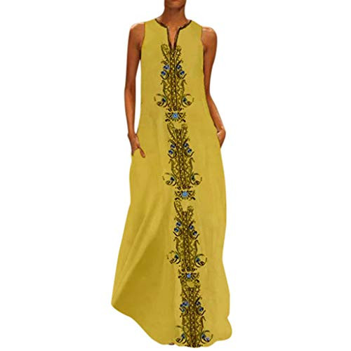 Nulairt Women Dress- 2021 Women's Sleeveless Loose Vintage Printing Maxi Dresses Casual Long Dresses with Pockets Yellow Nulairt Women Dress- 2021 Women's Sleeveless Loose Vintage Printing Maxi Dresses Casual Long Dresses with Pockets Yellow