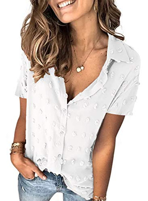 Sidefeel Womens Casual V Neck Swiss Dot Pom Pom Buttom Down Shirt Solid Short Sleeve Chiffon Blouse Tops White Medium