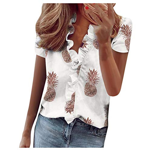 Women's Wildflower Tops Ruffle V-Neck Short Sleeve Alphabet Print Casual Dressy T-Shirt Top Loose Fit Flowy Blouse