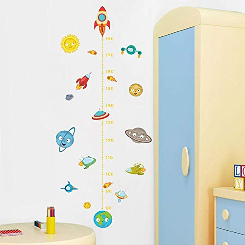 Wall Sticker Cartoon Solar System Rocket Height Measure Wall Stickers Kids Rooms Outer Space Wall Decals Growth Chart Mural Wall Art