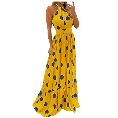 Nulairt Women Dress- 2021 Women's Casual Loose Long Dresess V-Neck Printing Halter Backless Sleeveless Maxi Dresses Yellow Nulairt Women Dress- 2021 Women's Casual Loose Long Dresess V-Neck Printing Halter Backless Sleeveless Maxi Dresses Yellow
