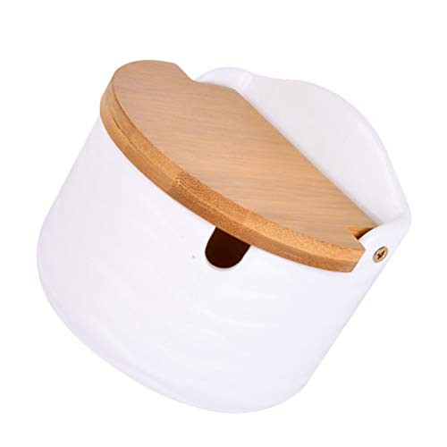 Cabilock Ceramic Condiment Jar Porcelain Spice Container with Flip Bamboo Lid and Spoons Sugar Salt Pepper Pot for Kitchen Supplies