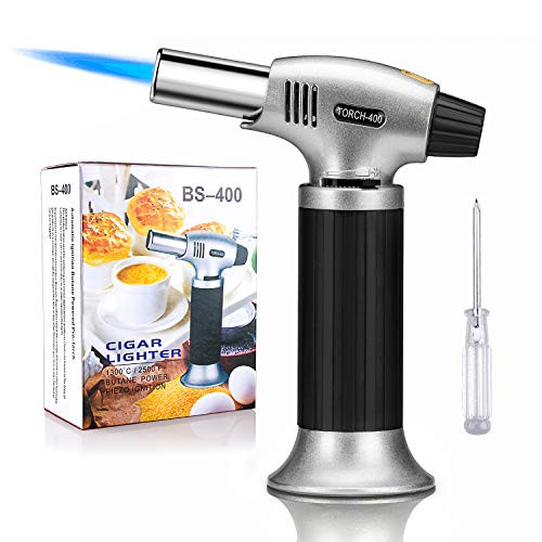 Sondiko Blow Torch Lighter, Culinary Torch, Refillable Kitchen Butane Torch with Safety Lock and Adjustable Flame Perfect for Desserts, Creme, Brulee, BBQ and Baking, Butane Gas Not Included, Black