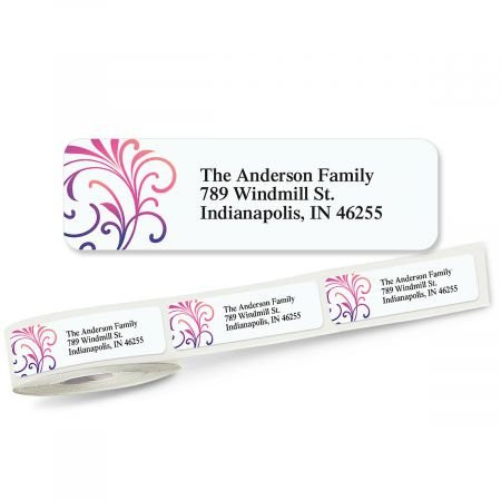 Colorful Swirls Rolled Return Address Labels Roll of 250-2 1/2inch x 3/4inch rolled labels with clear acrylic dispenser