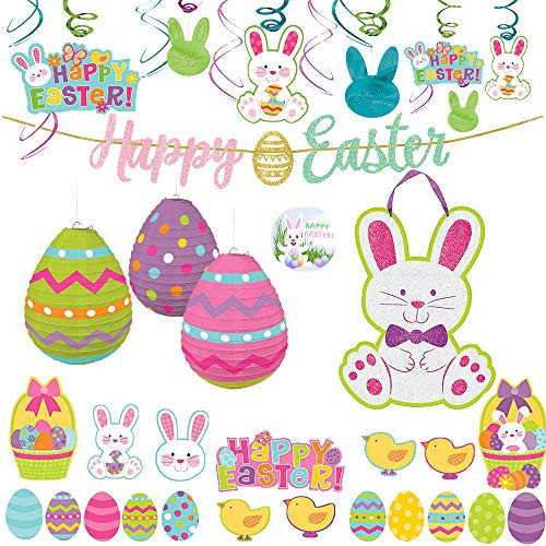 MEGA Easter 48 Piece Party Decoration Pack with Swirl Decorations, Glitter Easter Bunny Sign, 3 Easter Egg Lantern Decoration, 30 Easter Cutouts, 1 Happy Easter Glitter Sign and Exclusive Easter Pin