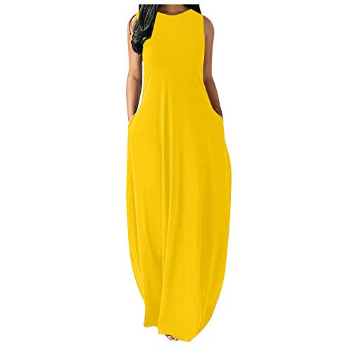 Kaideny Fashion Women Sexy Plus Size Solid Sleeveless O-Neck Pockets Camisole Long Dress Yellow