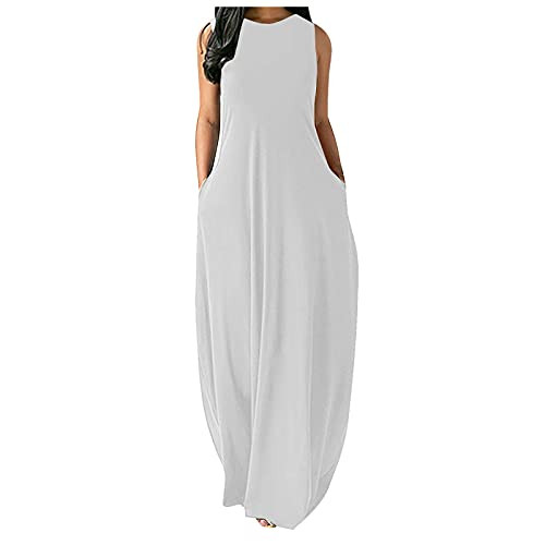 Kaideny Fashion Women Sexy Plus Size Solid Sleeveless O-Neck Pockets Camisole Long Dress White