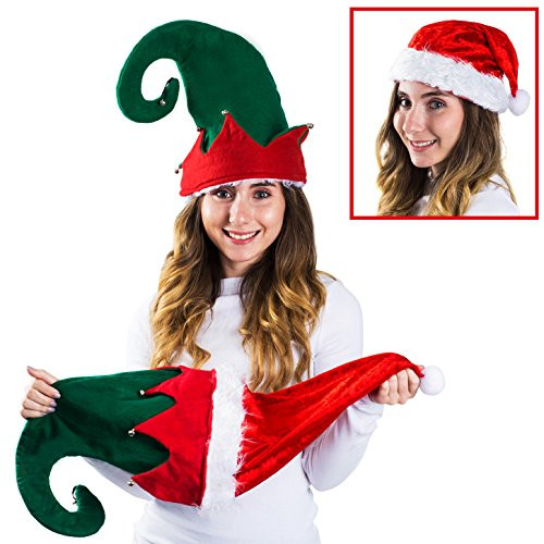 Funny Party Hats Santa Hat - Christmas Hat - Elf Hat - Reversible Santa Hat - Elf Hat with Jingle Bells