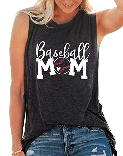 Baseball Mom Tank Tops Women Baseball Graphic Tee Shirts Sleeveless Summer Letter Print Shirt Tops -Grey- XX-Large-