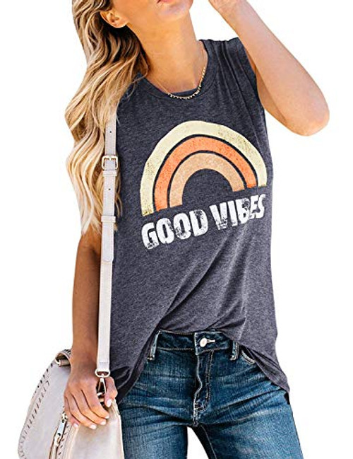 IRISGOD Women's Tank Tops Graphic Tees Good Vibes Loose Fit Sleeveless Crew Neck T Shirts Tops Dark Grey IRISGOD Women's Tank Tops Graphic Tees Good Vibes Loose Fit Sleeveless Crew Neck T Shirts Tops Dark Grey