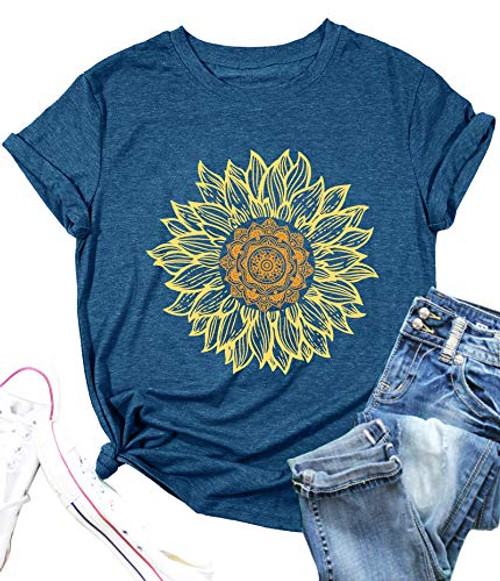 Sunflower Shirts for Women Flower Graphic Tees Shirts Inspirational Tees Casual Faith Shirt Tops -Blue- Small-