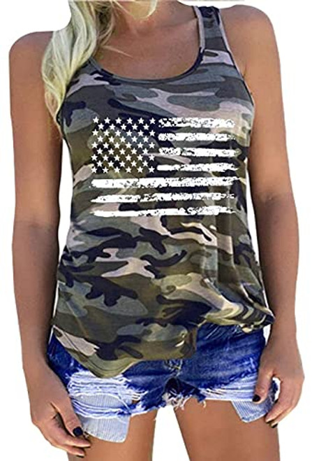 American Flag Tank Tops Women Patriotic Shirt USA Flag Stars Stripes Print Sleeveless T-Shirt 4th of July Tee Tops -Camouflage- Large-