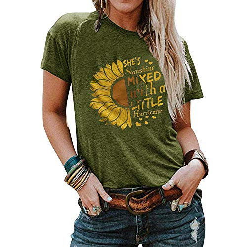 Qianxitang Women's Sunflower Graphic Letter Print Tops Short Sleeve Round Neck Summer Casual T Shirt Blouses Tees -Green- XX-Large-