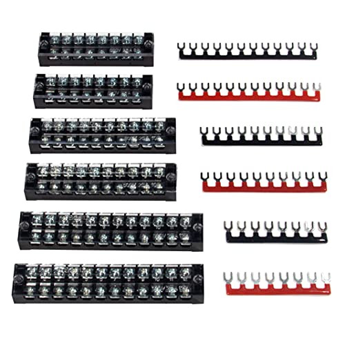 6 Sets Terminal Blocks- 8/10/12 Positions 600V 25A Dual Row Wire Screw Terminal Strip Block with Cover Plus 400V 25A Pre-Insulated Bus Bar Terminals Barrier Strips Jumpers -Black  and  Red- by MILAPEAK