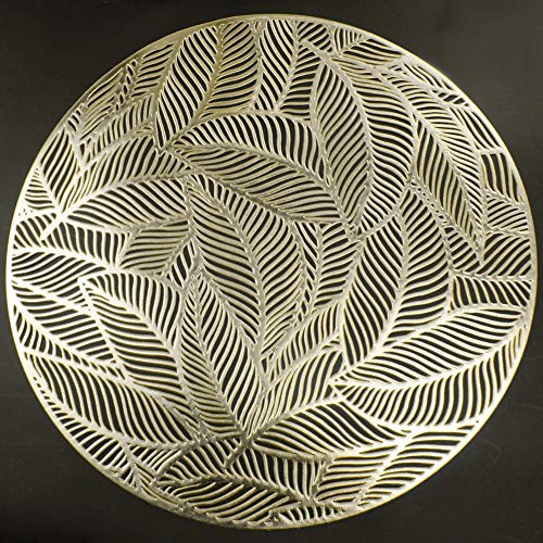 AdasBridal Gold Round Placemats for Dinner Table Set of 6 Metallic Hollow Out Leaf Table Mat Pressed Vinyl Place Mats Table Decor Wedding Accent Centerpiece