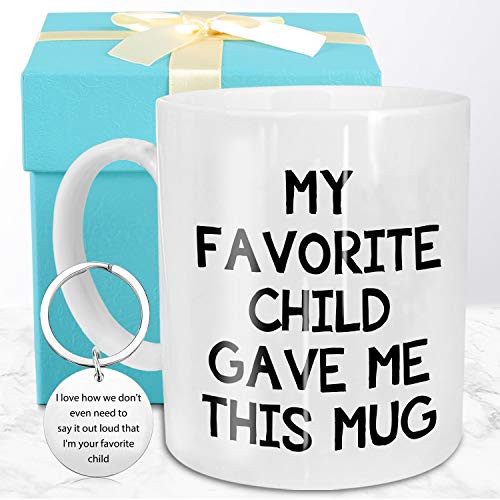 Funeon Fathers Day Gifts for Dad Mothers Day Gift from Daughter Son Funny Coffee Mug Best Birthday Gag Gift for Mom Dad Parents My Favorite Child Gave Me This Mug Novelty Cups Present WIth Keychain