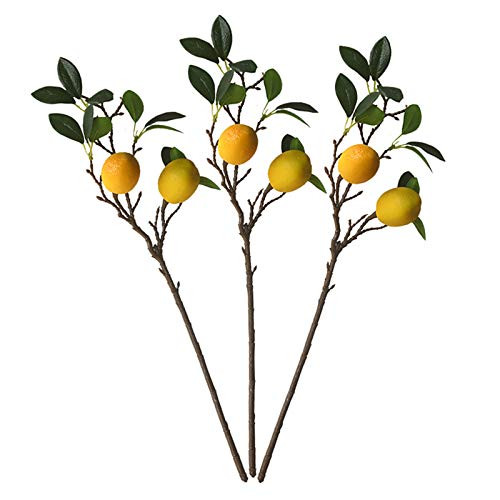 NHRFUJ 3 Pack Artificial Lemon Branches- Vivid Yellow Artificial Lemon Branch Lifelike Fake Fruit Props Artificial Fruit Branches with Green Leaves for Home Wedding Party Decor