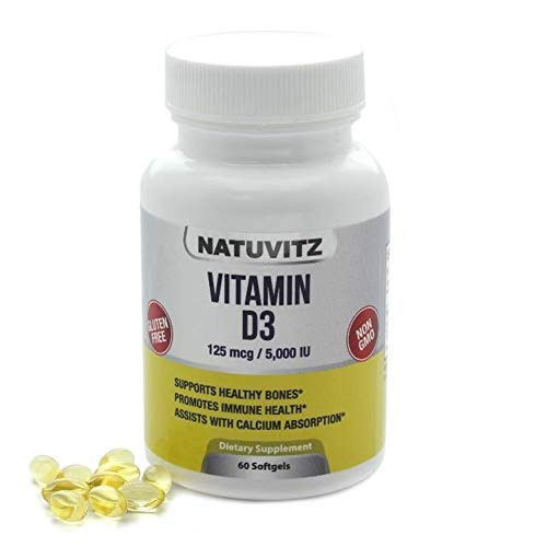 NATUVITZ  Vitamin D3 Dietary Supplement  Gluten Free- Non-GMO  125mcg/5.000 IU per Serving -60 Softgels-