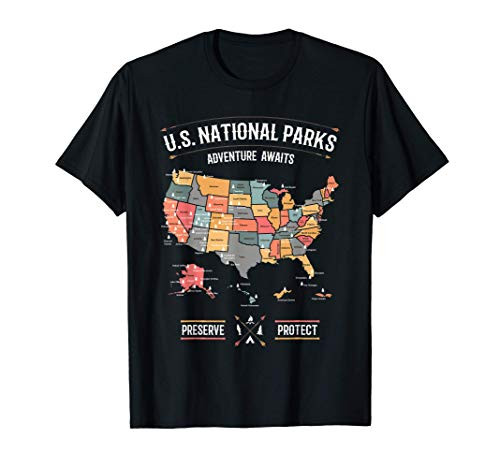 US National Parks Map Preserve Protect Hiking Camping Gift T-Shirt