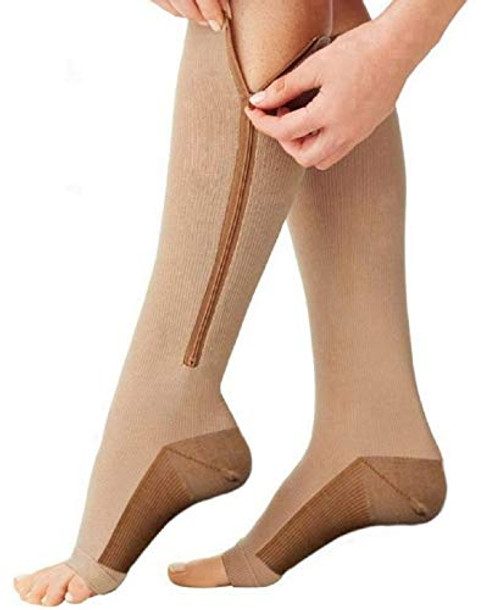 Bcurb Zippered Medical Compression Socks With Open Toe - Best Support Zipper Stocking for Varicose Veins- Edema- Swollen or Sore Legs - Helps Foot Feet Knee Ankle Arch -Beige/Copper- -Calf   10inch-13.5inch- - Small/Medium-