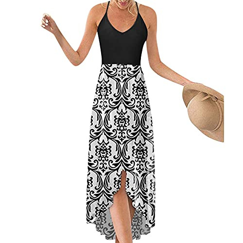 Women's V Neck Sleeveless Casual Summer Sundresses Asymmetrical Patchwork Floral Long Maxi Dress Sexy Cami Dress D-White