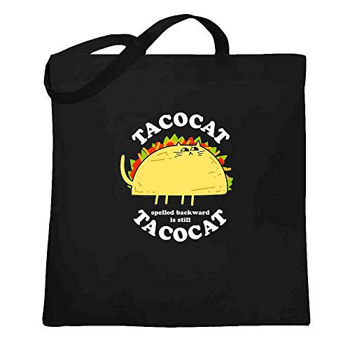 TacoCat Spelled Backward Is TacoCat Funny Taco Cat Black 15x15 inches Large Canvas Tote Bag Women