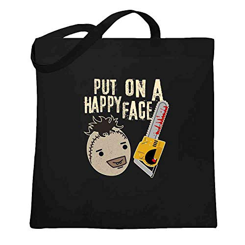 Put On A Happy Face Chainsaw Funny Horror Movie Black 15x15 inches Large Canvas Tote Bag Women