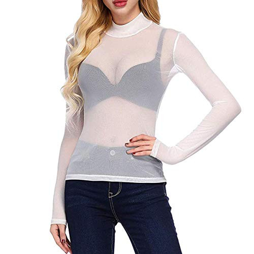 Women See Through Mesh T Shirt Tops Long Sleeve High Neck Sexy Sheer Blouse Clubwear -White- S-