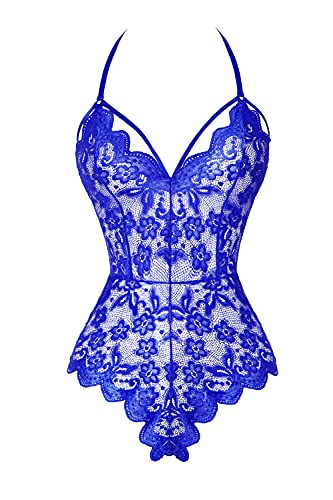 FOIKISS Women Sna-p Crotch Lingerie Deep V Lace Teddy Bodysuit One Piece Babydoll Royal Blue