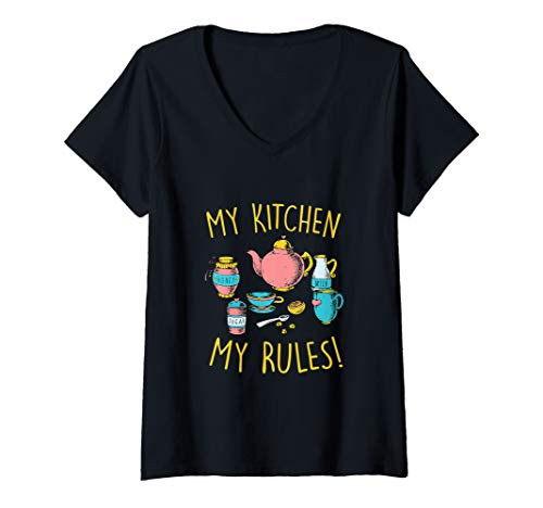 Womens Funny Kitchen Rules Baker Baking Chef Humor Novelty Graphic V-Neck T-Shirt