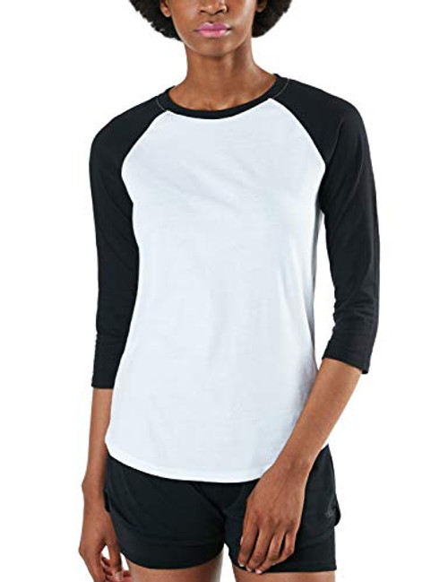 TSLA Women's 3/4 Sleeve Baseball Jersey Shirts- Casual Dynamic Cotton T-Shirt- Quarter Sleeve Raglan Tops- Dyna Cotton 3/4 Sleeve-fts32- - White  and  Black- Small