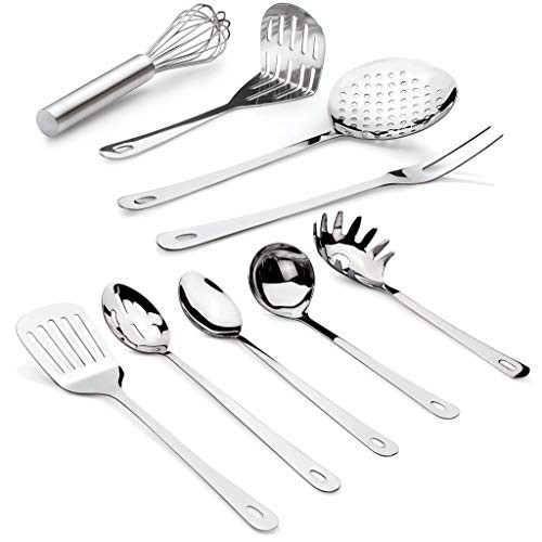 Complete 9 Piece Stainless Steel Cooking & Serving Set - Slotted Turner & Spoon, Solid Spoon, Large Fork, Ladle, Skimmer, Whisk, Potato Masher & Pasta Server - Heavy Gauge Durability - Mirror Finish