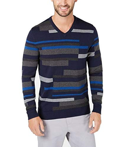Alfani Mens Sweater Textured Stripe Knit Pullover V-Neck Blue 2XL