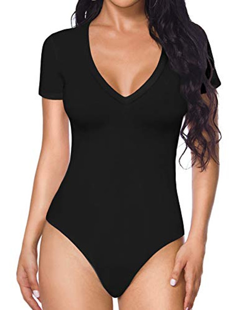 MANGOPOP Womens V Neck Short Sleeve Long Sleeve Tops Bodysuit Jumpsuit -A Short Sleeve Black- Large-