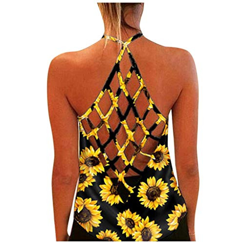 Fastbot women's Tank Tops Loose Fit Vest Criss Cross Back Sunflower Daisy Sleeveless Tunic Summer T Shirt Cute Comfy Tee Yellow
