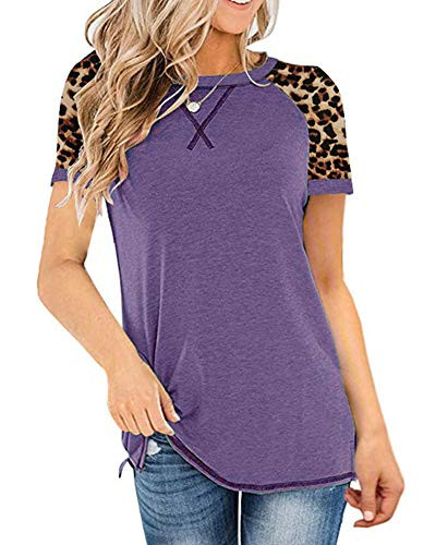 Trish Lucia Womens Summer Round Neck Short Sleeve Shirts Casual Color Block Basic Tees Blouses Loose Fit Tops Purple