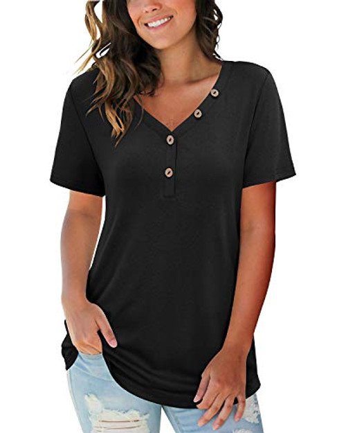 STYLEWORD Women's Short Sleeve Tunic V Neck Button Down T Shirts Summer Casual Tops Loose Henley Blouse-Black-M- STYLEWORD Women's Short Sleeve Tunic V Neck Button Down T Shirts Summer Casual Tops Loose Henley Blouse-Black-M-