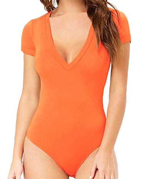 MANGOPOP Womens V Neck Short Sleeve Bodysuit Jumpsuit -Orange- Large-