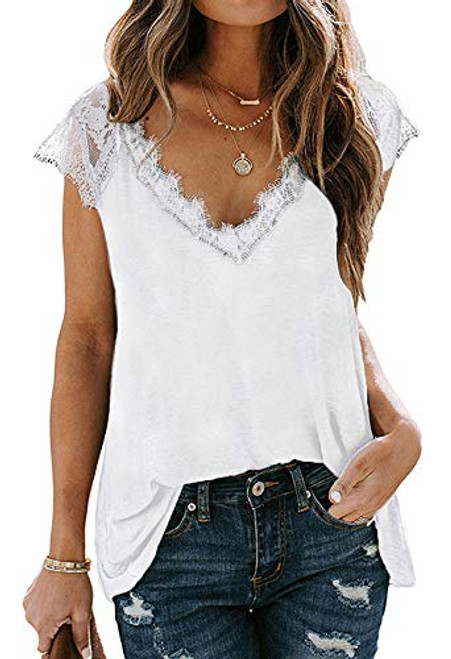 Women V Neck Tank Tops Casual Loose Sleeveless Lace Trim Blouse Shirts White Women V Neck Tank Tops Casual Loose Sleeveless Lace Trim Blouse Shirts White
