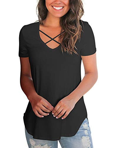 Oustdoze Women's Casual Short Sleeve Solid Criss Cross V-Neck Summer T-Shirt Tops
