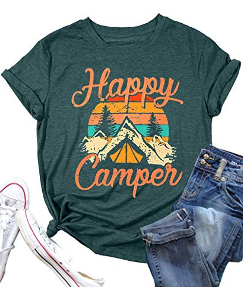 Happy Camper Shirt for Women Camping Tee Shirts Funny Cute Graphic Tee Short Sleeve Letter Print Casual Tee Tops-Green- Large-