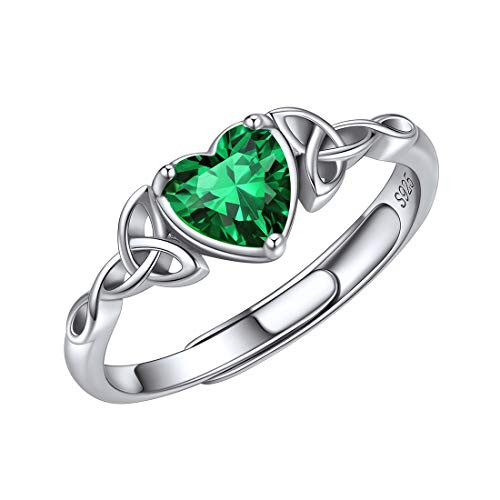 ChicSilver 6mm May Birthstone Rings for Women 925 Sterling Silver Celtic Knot Green Emerald Heart Rings Comfort Fit Wedding Band