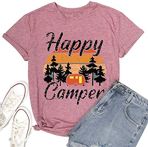 Happy Camper T-Shirt for Women Letter Print Cute Graphic Shirts Short Sleeve Casual Camping Tee Tops -Pink- S-