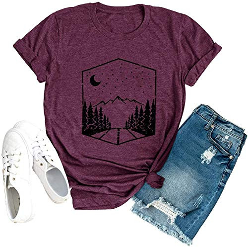 Mountain Graphic T Shirt Women Outdoor Nature Hiking Camping Shirt Tee Short Sleeve Hiker Tee Tops -Purple- XL-