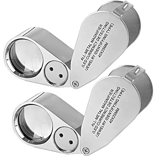 2 Pack 40X Metal Illuminated Jewelry Loop Magnifier- Magnifying Glass with LED Light Pocket Folding Jewelers Loupe for Currency Detecting Jewlers Identifying Type Lupe