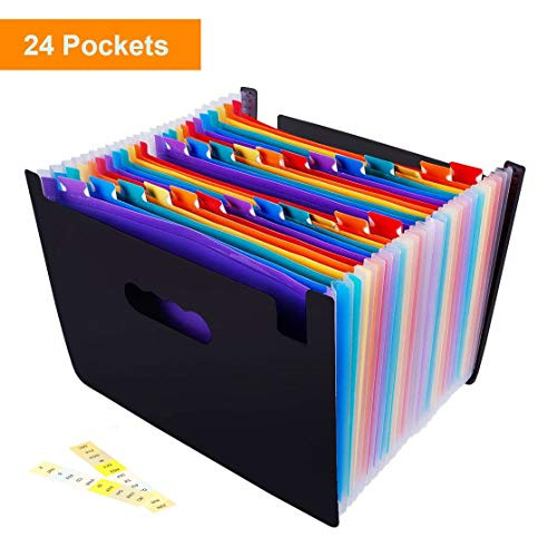 Accordion File Folder, Expanding File Folder 24 Pockets Multi-Color Portable Document Organizer - Works on A4 Size and Letter Size