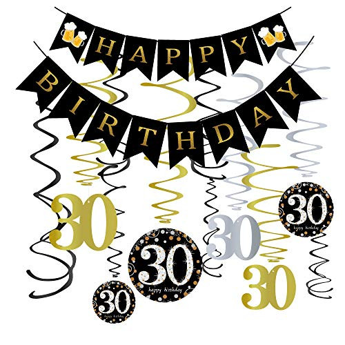 30th Birthday Party Decorations KIT - 30 Years Old Banner,30 Hanging Swirls Gold,30th Years Old Party Supplies Anniversary Decorations