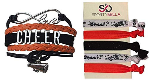 Sportybella Cheer Hair Ties  and  Bracelet Gift Set- Girls Cheer Hair Accessories- Cheerleading Elastics for Cheerleaders  and  Cheer Teams -Orange Megaphone-