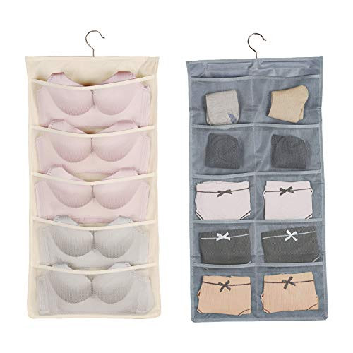 2 Packs Hanging Underwear Organizer Mesh Pocket Closet Storage Bag Dual Sides Bra Panty Sock Storage 15 Pockets with Rotating Metal Hanger-Mix-