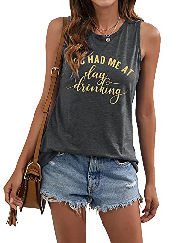 BANGELY You Had Me at Day Drinking Tank Tops Women Summer Sleeveless Shirt Funny Letter Print Muscle Tank Tees -Grey- M-